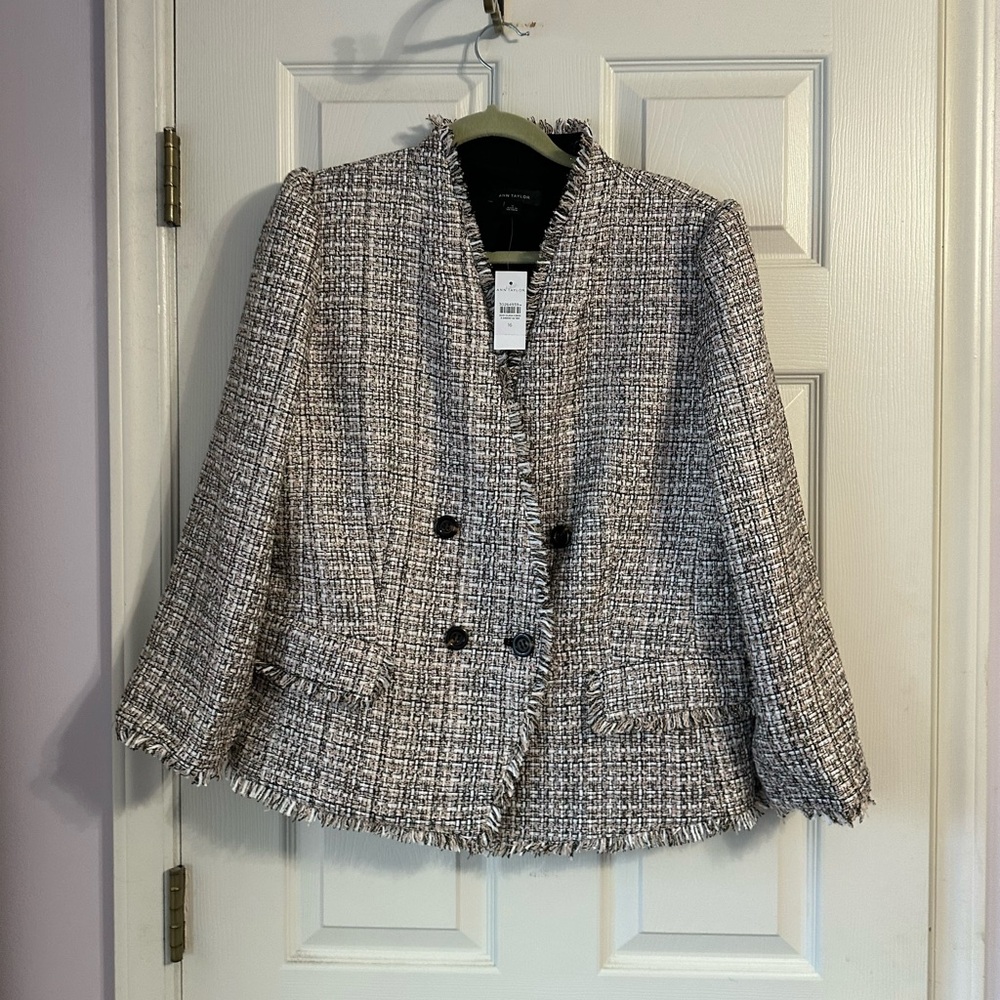 Ann Taylor Metallic tweed fringe blazer